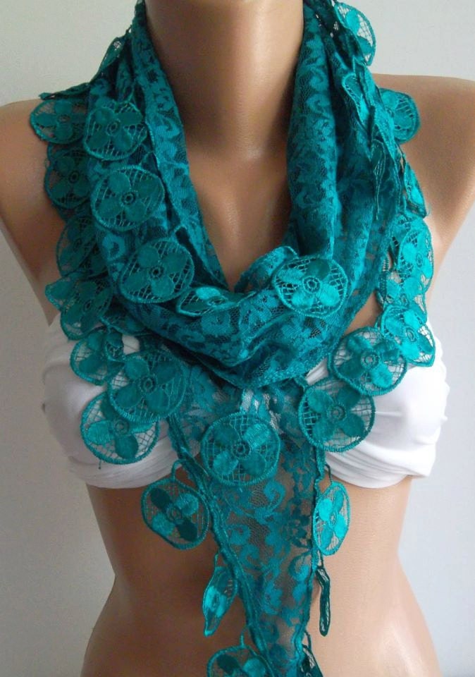 Turquoise / Elegance Shawl / Scarf with Lacy Edge-