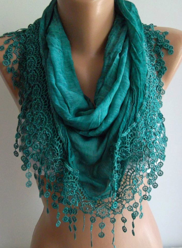 Turquoise - Elegance  Shawl / Scarf with Lacy Edge------soft and light