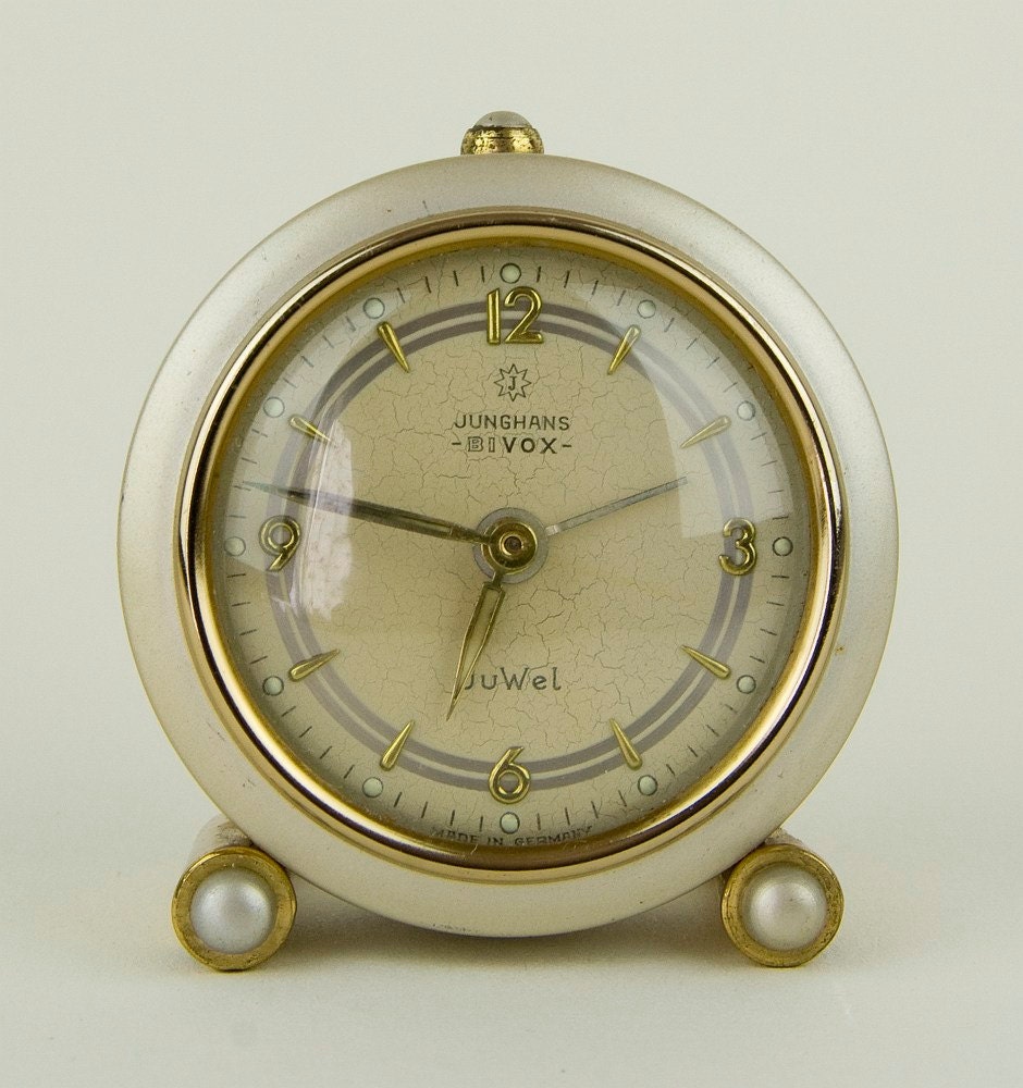 Vintage - Gold colored little Alarm clock made in Germany -1950s - Junghans Bivox Juwel