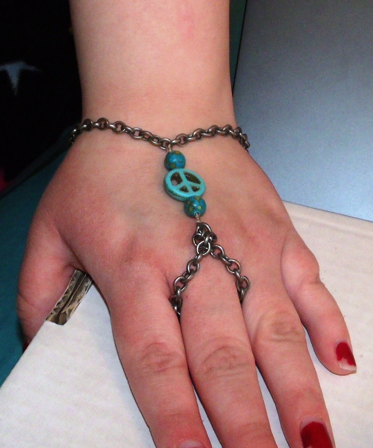 Genuine Green Blue Turquoise PEACE Symbol Slave Bracelet Unique OOAK Handmade Adjustable Custom Finished to Order