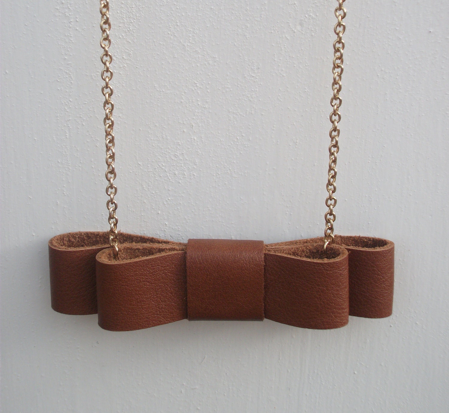 Chic Bow Tie Necklace Handmade Using Recycled Brown Leather