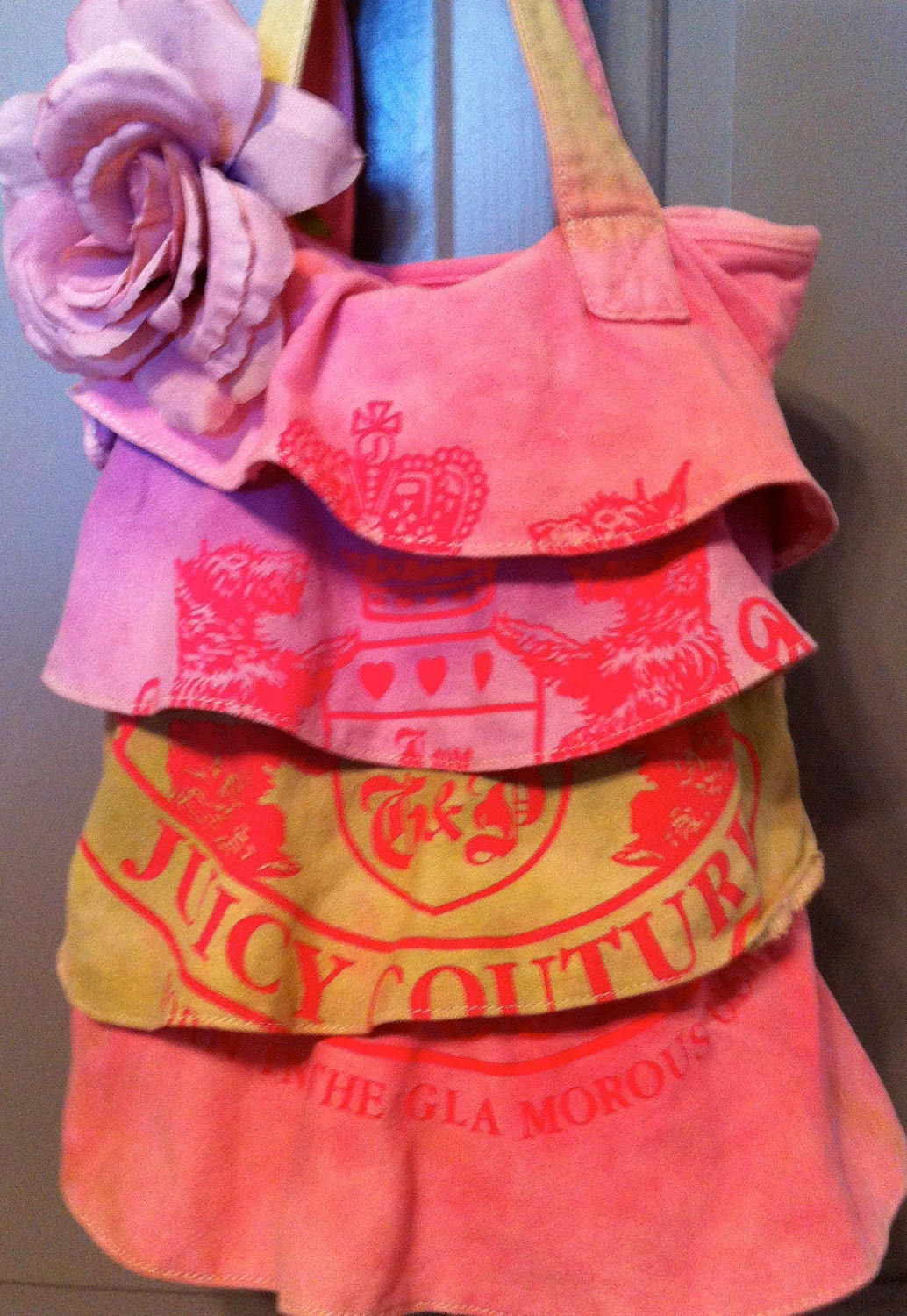 Sale Free Shipping Hand Dyed Juicy Couture Bag Purse With Ruffles Pink Green Purple Canvas One Of A Kind