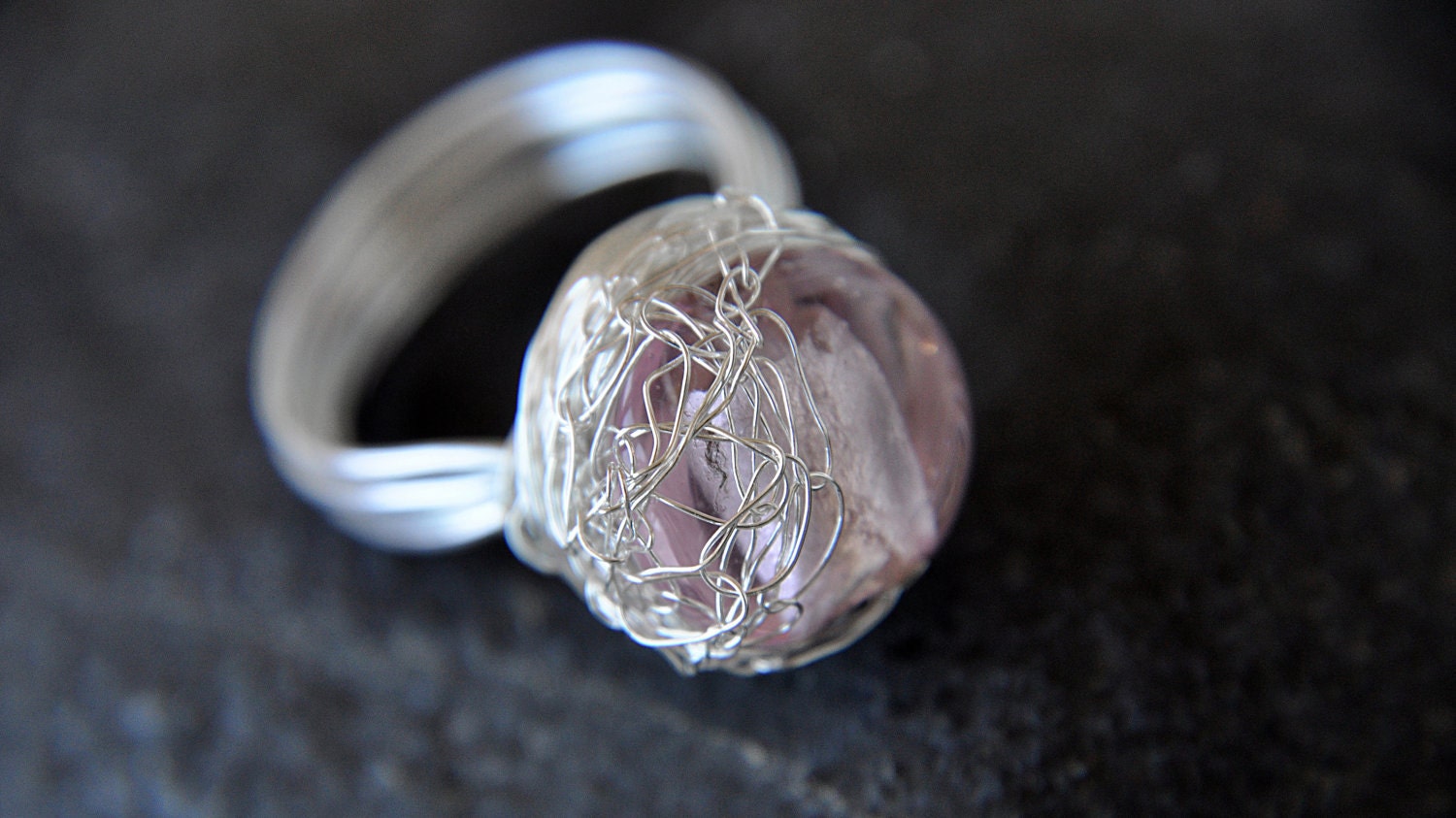 PINK DROP - Pink Glass Bead Wrapped Silver Plated Copper Wire Crochet Aluminum Wire Handmade Jewel Ring ETSYITALIATEAM