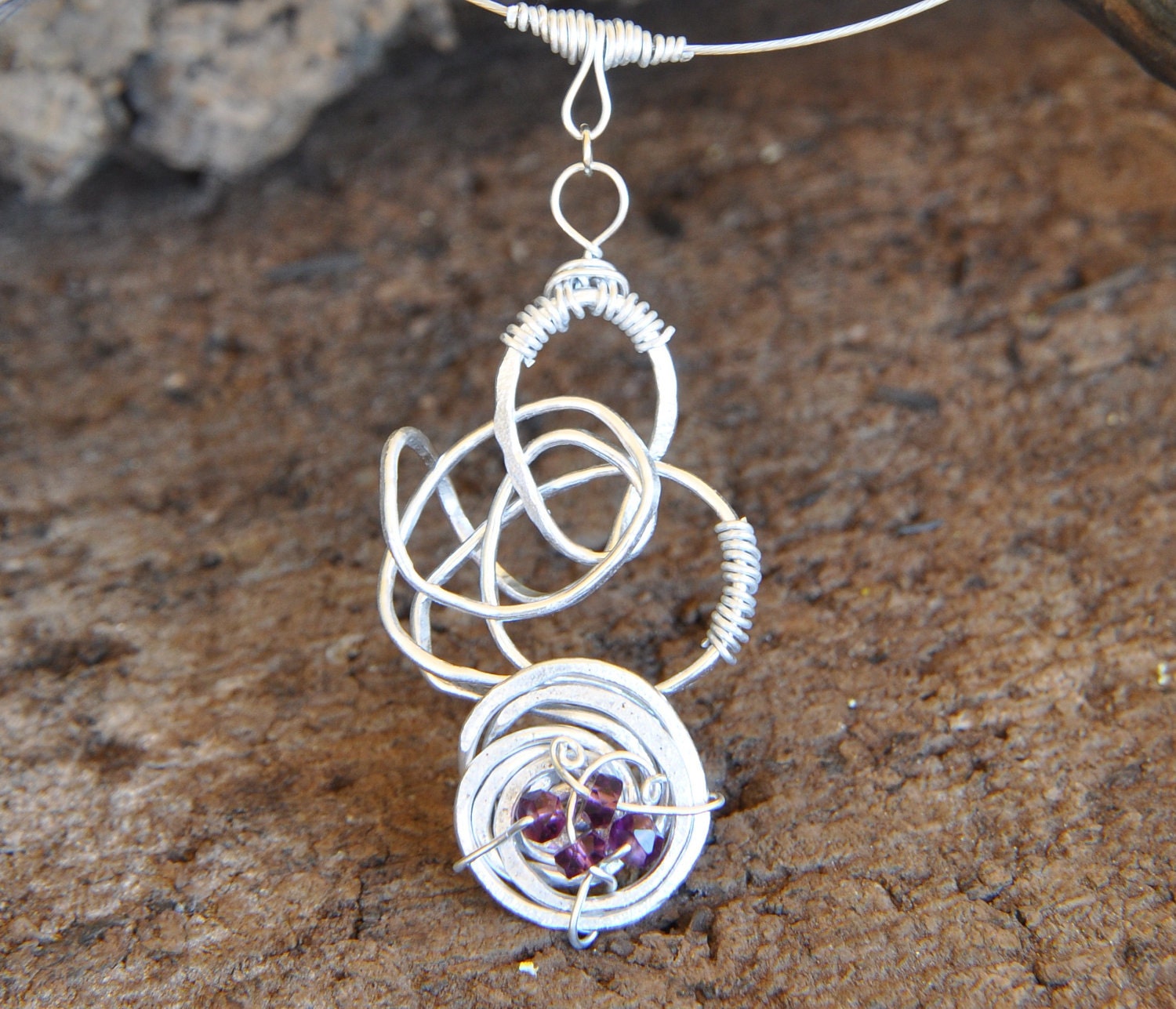 WHIRL - Hammered Aluminum Wire Wrapped Handmade Czech Crystals Purple Necklace