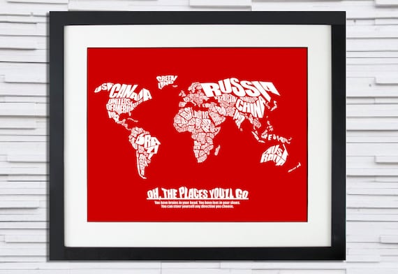 Oh The Places You'll Go - World Word Map with Dr. Seuss Quote - Baby Shower Gift or Child's Bedroom