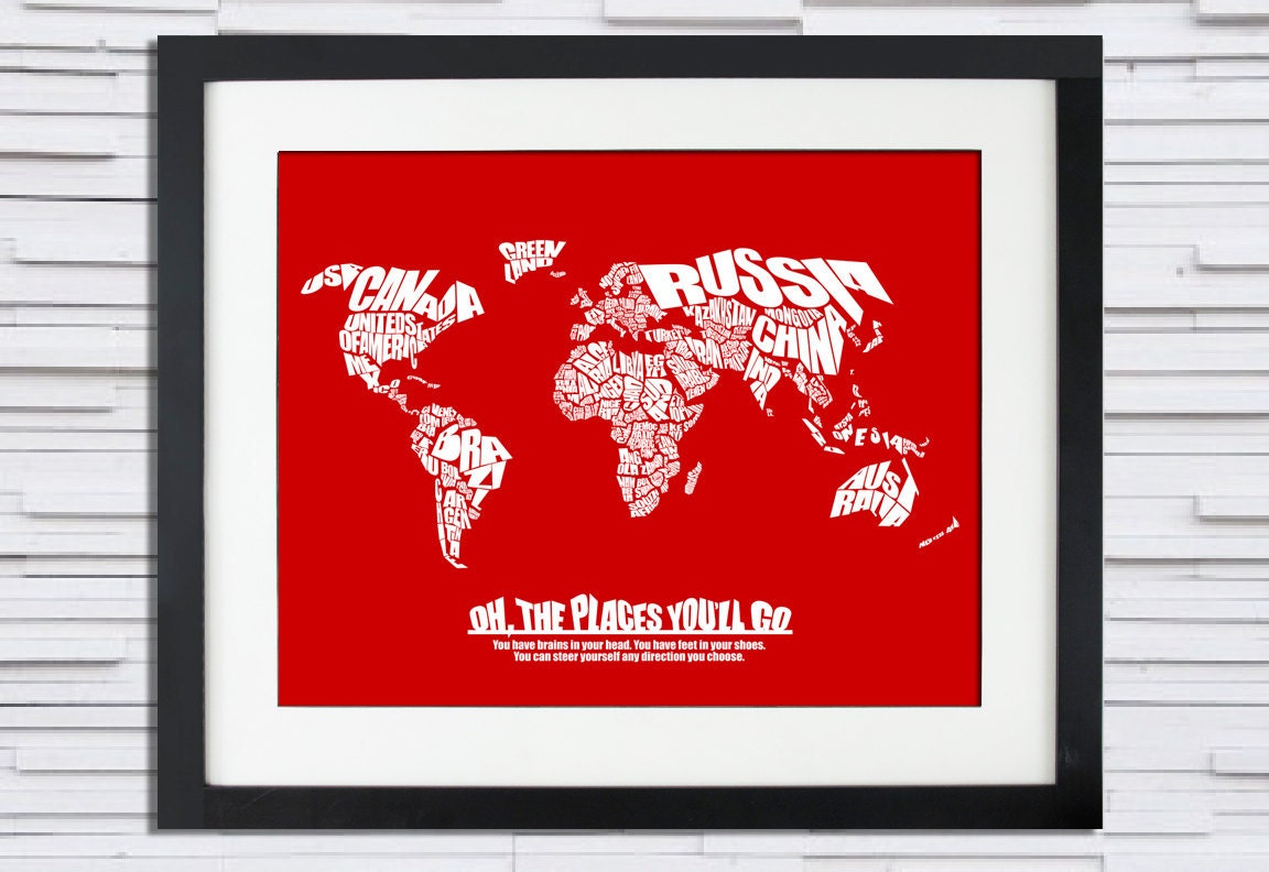Oh The Places You'll Go - World Word Map with Dr. Seuss Quote - Baby Shower Gift or Child's Bedroom
