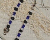 Dangling earrings blue, black & white Czech beaded 2 inch with silver balls