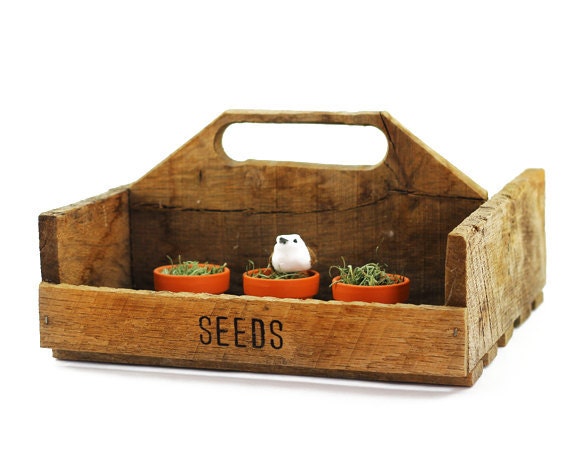Reclaimed Wood Garden Tote - Wood Tote with Handle, Seed Basket, Wood Planter - Primative, Farmhouse