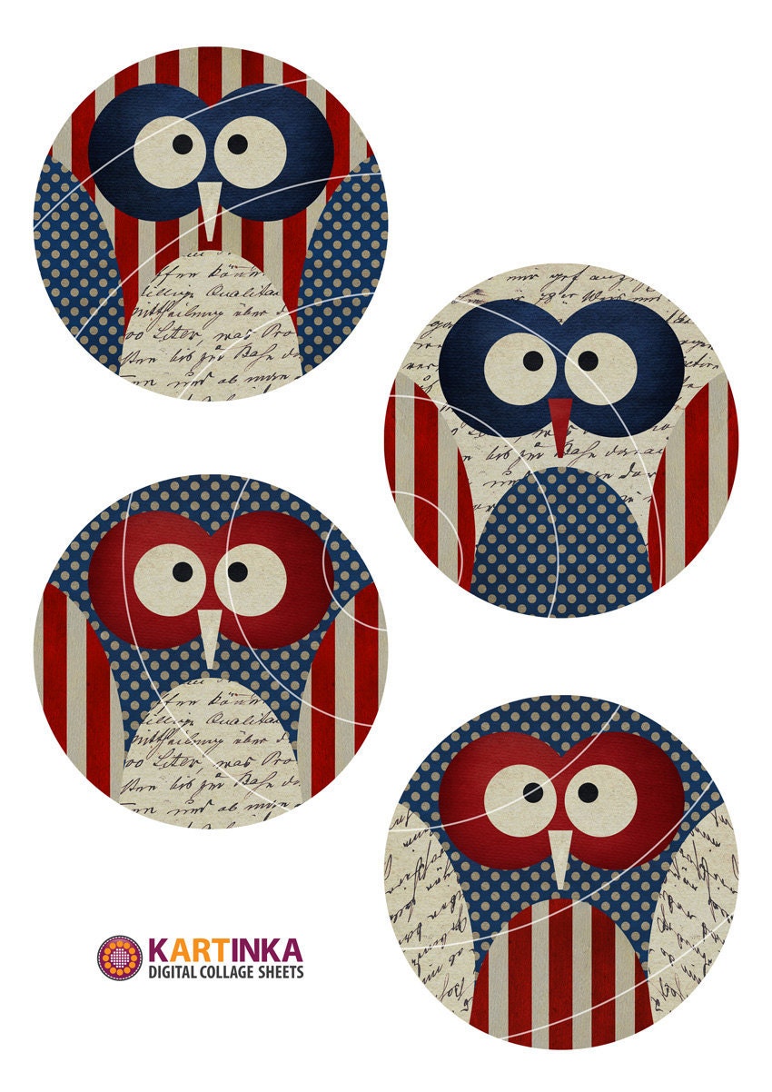 PATRIOTIC OWLS 4th Fourth JULY 4 inch and 3.8 inch Circles Digital Collage Sheet Printable for Coasters Magnets Greeting Cards
