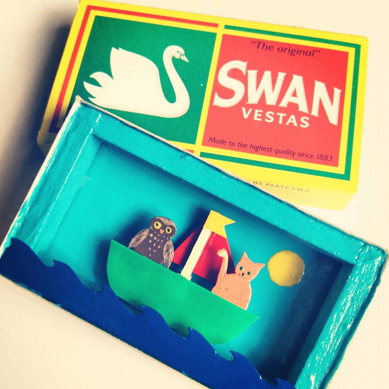 Unique, hand made Owl and Pussy Cat scene in a Swan Vesta match box