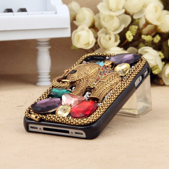 FREE SHIPPING Apple iPhone 4S 4G Vintage Bling Crystal Metal Elephant Hard Skin Case Cover