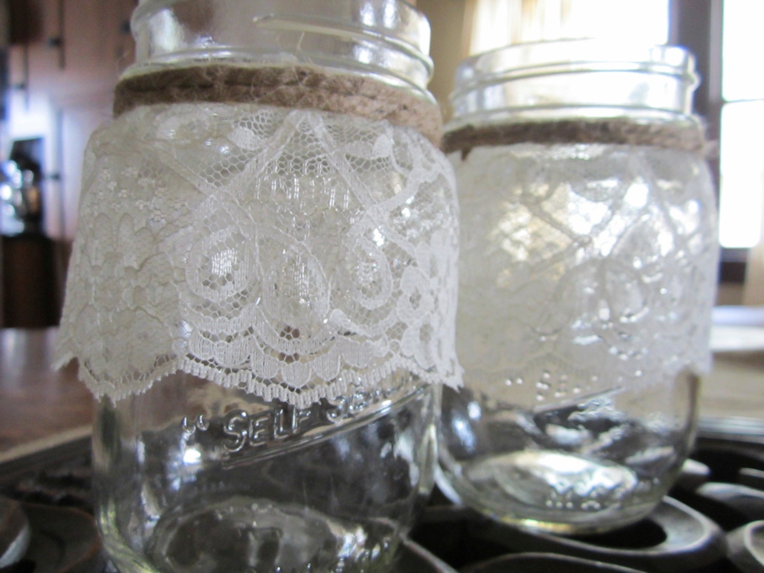 Lace Mason Jar Candle Holder - Vase - Wedding Centerpiece - Set of 2 pint size