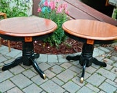 Set of Vintage Oak End Tables with Distressed Black Bases