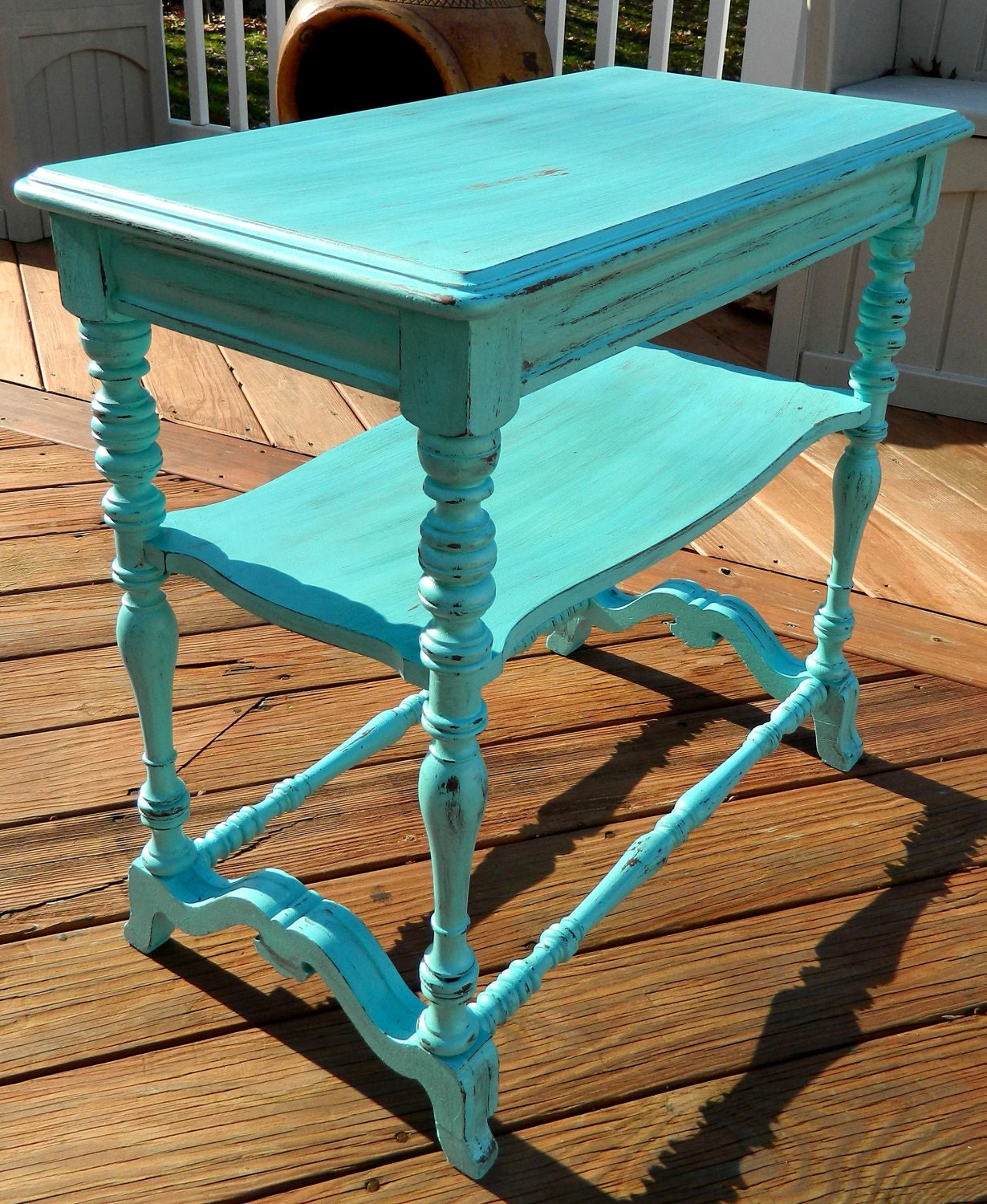 Antique Cottage Shabby Chic, Turquoise Side Table Distressed Nightstand