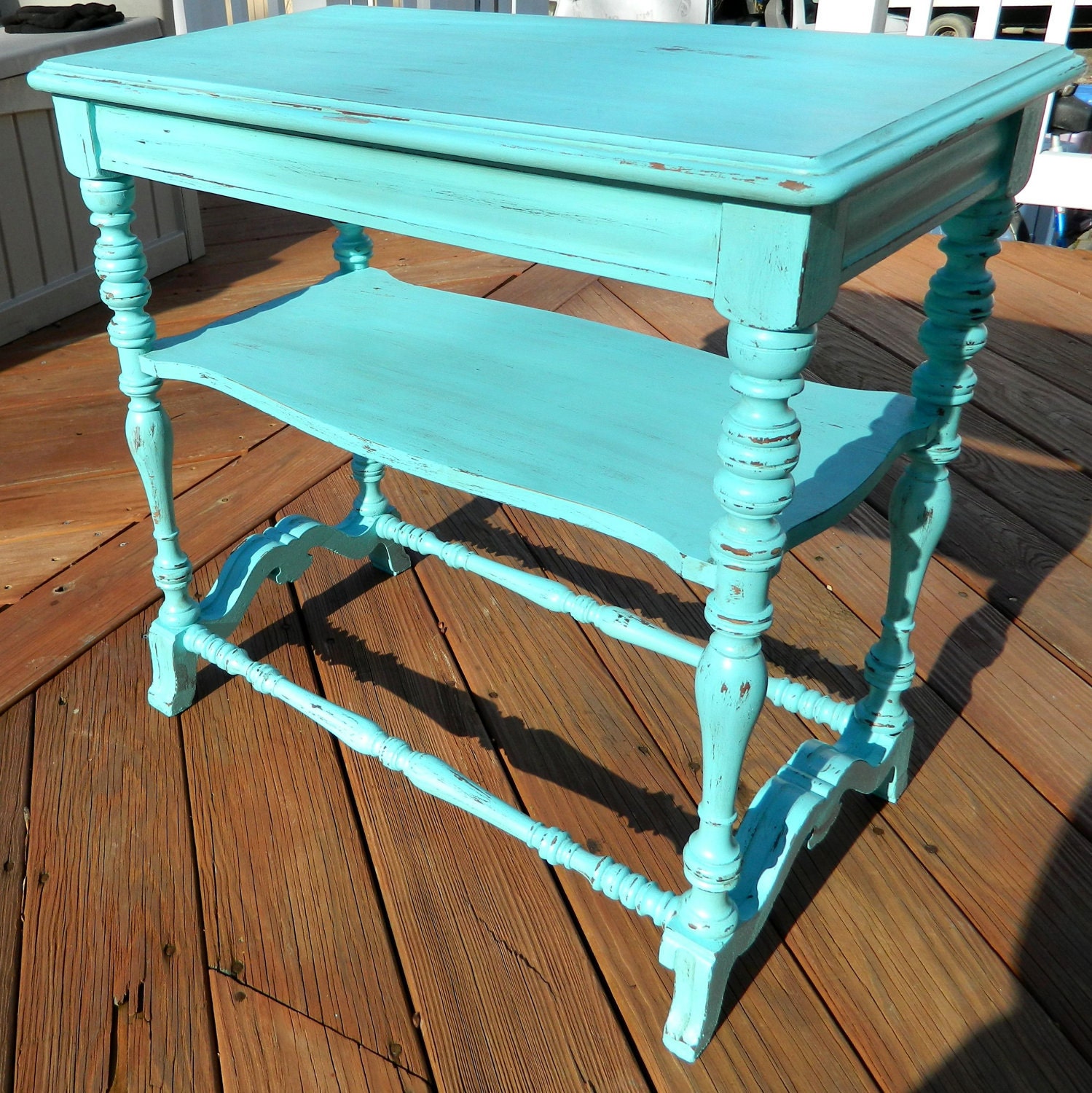 Antique Cottage Shabby Chic, Turquoise Side Table Distressed Nightstand