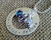 Mother,Mom,Family Washer Necklace with Kids Names and Swarvoski Crystal Birthstones by Stamped Evermore