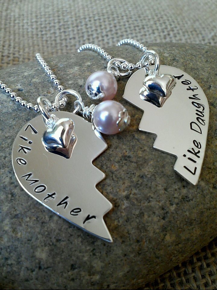 Like Mother Like Daughter Hand Stamped Broken Heart- Custom Mother Daughter Silver Necklace, Stamped Evermore