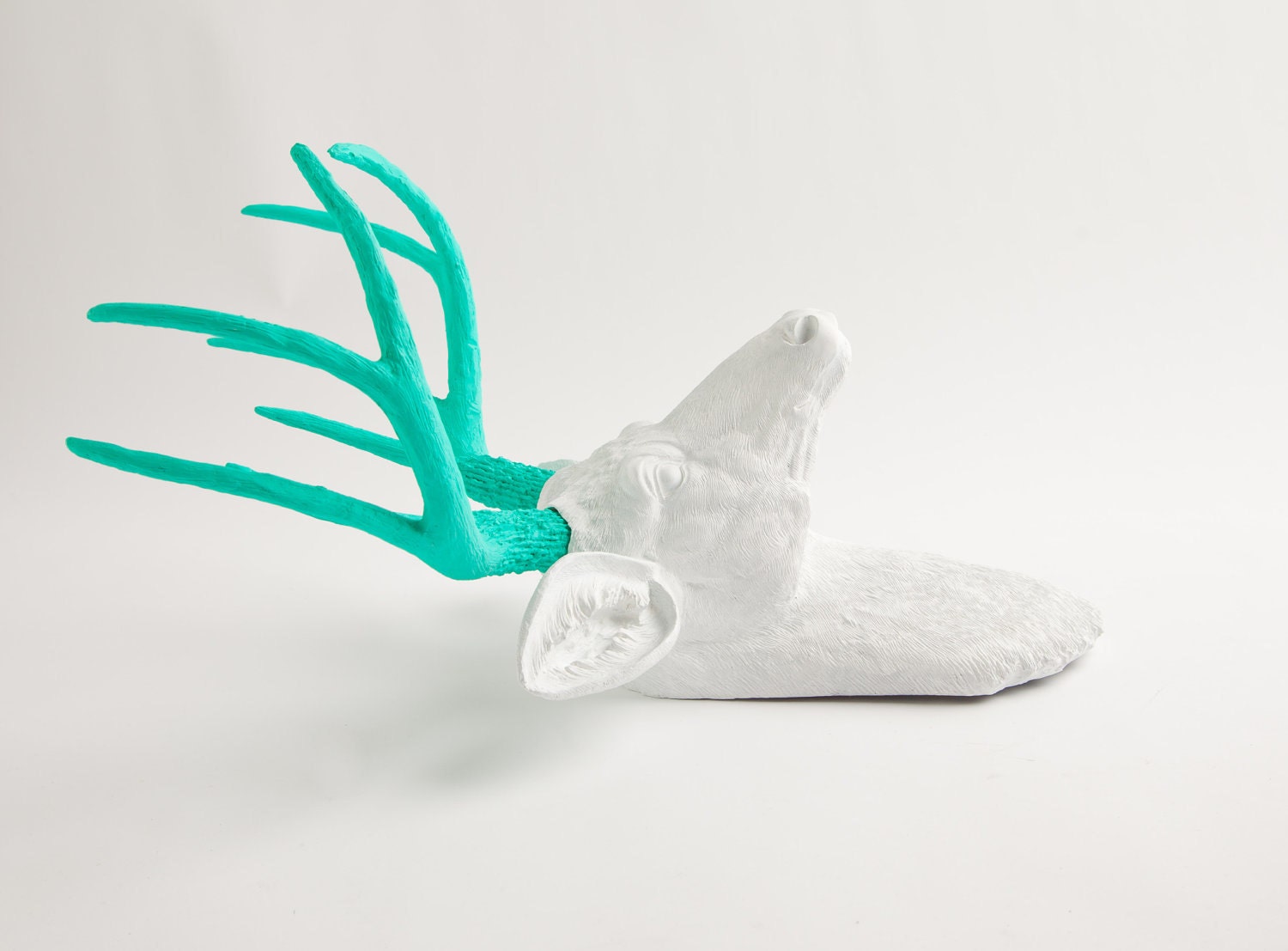 Faux Taxidermied - The Oleg - White W/ Turquoise Antlers Resin Deer Head- Stag Resin White Faux Taxidermy