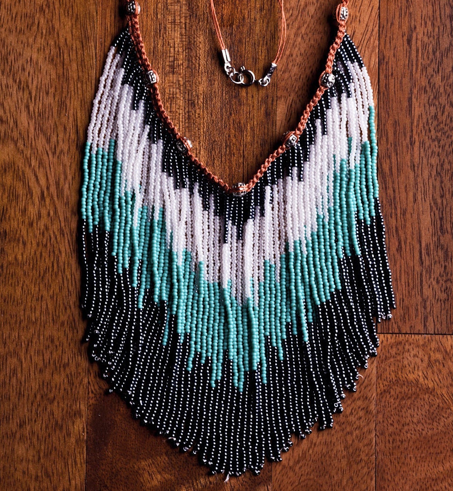Chevron Native Necklace - Tribal Jewelry - Bead Fringe - Artisan Jewelry