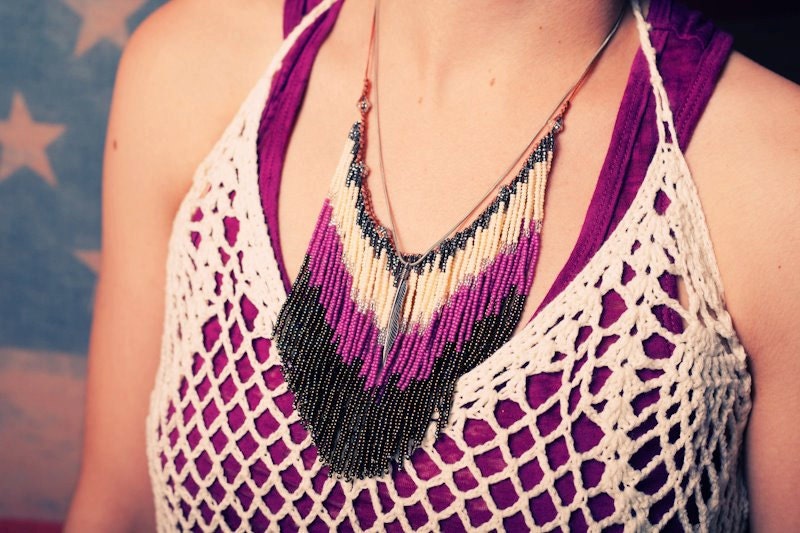 Bead Fringe Bib Necklace - Navy Blue Tribal Necklace - Navajo Style - Native American Fashion - Handmade Artisan Jewelry