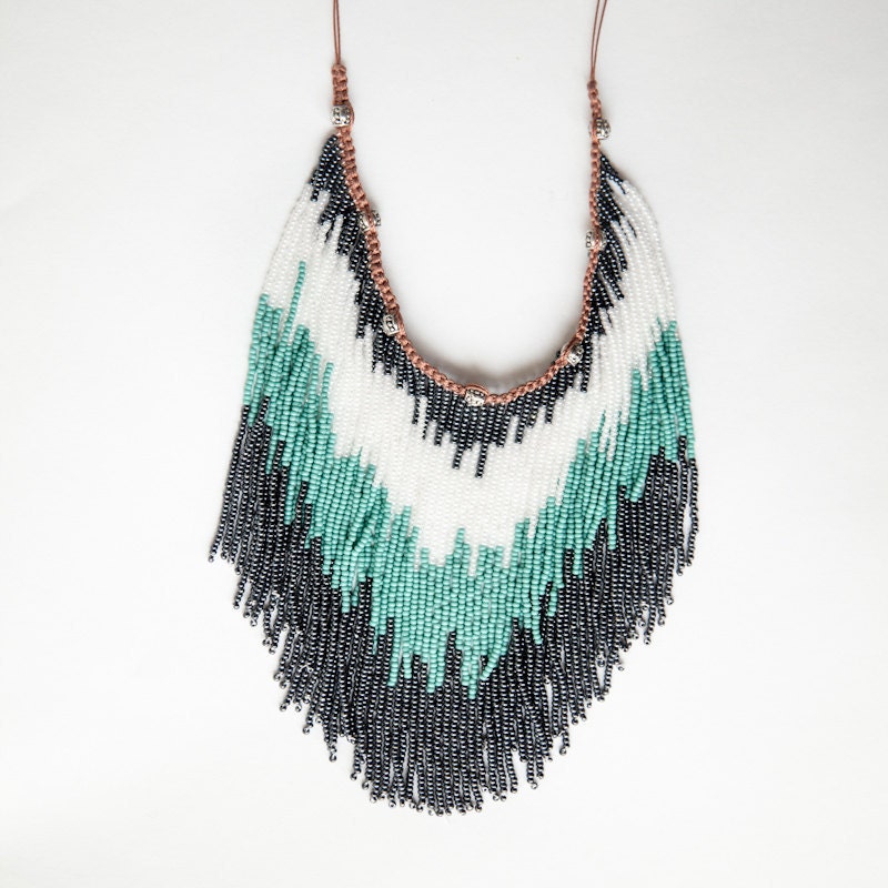 Chevron Native Necklace - Tribal Jewelry - Bead Fringe - Artisan Jewelry