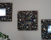 Three mosaic square mirrors made of beach stone, shells, and colored glass pieces, ocean beach decor