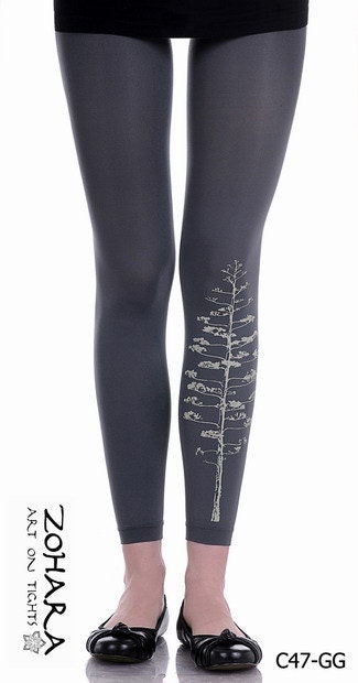 Gray Blooming Tree on Footless Tights (C47-GG) - zoharatights