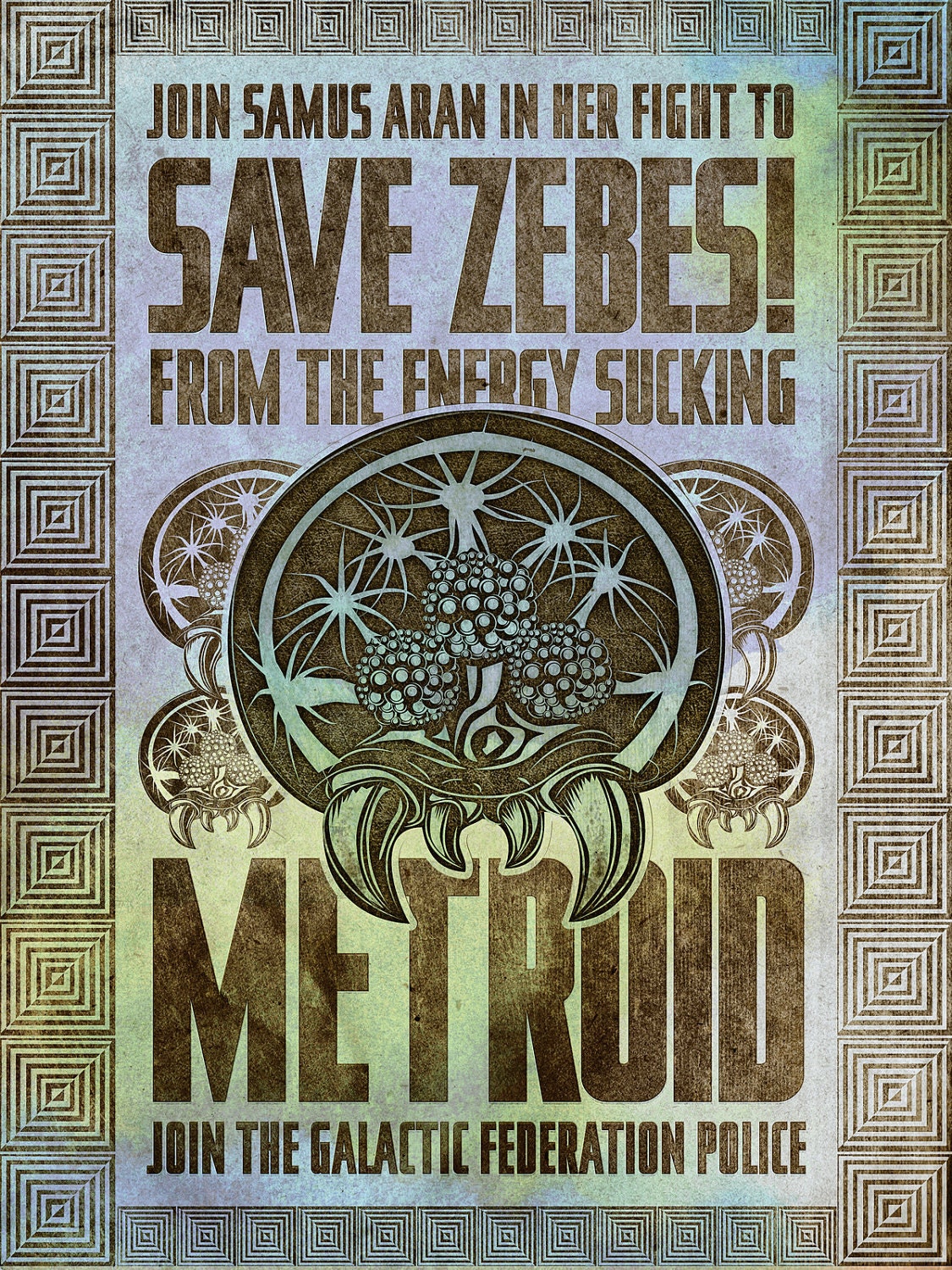 Save Zebes - Metroid Geek Art Poster - signed museum quality giclée fine art print 16" x 20"