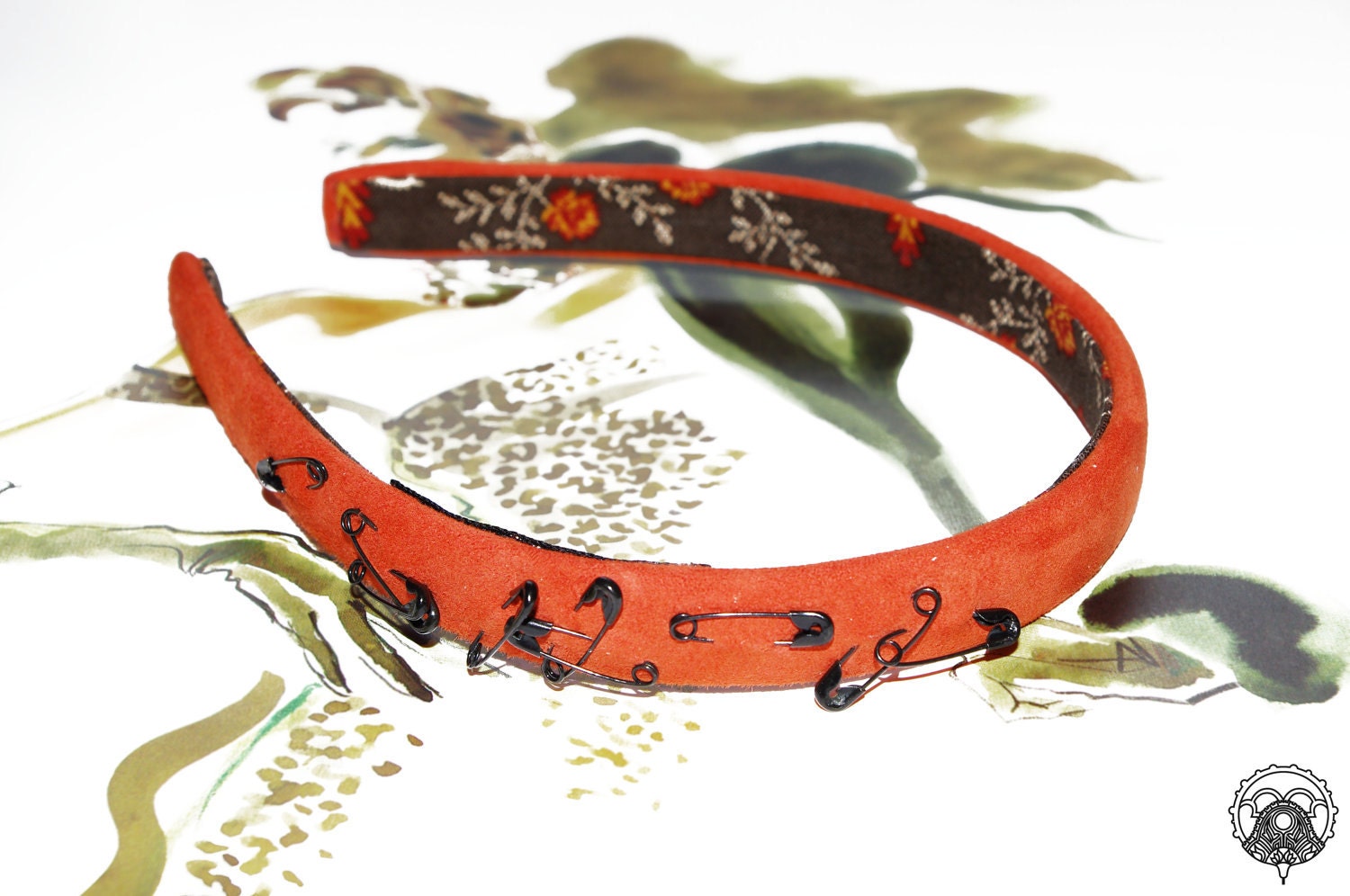 SAMPLE SALE. Handmade orange nubuck leather headband decorated with black pins. Only one available.