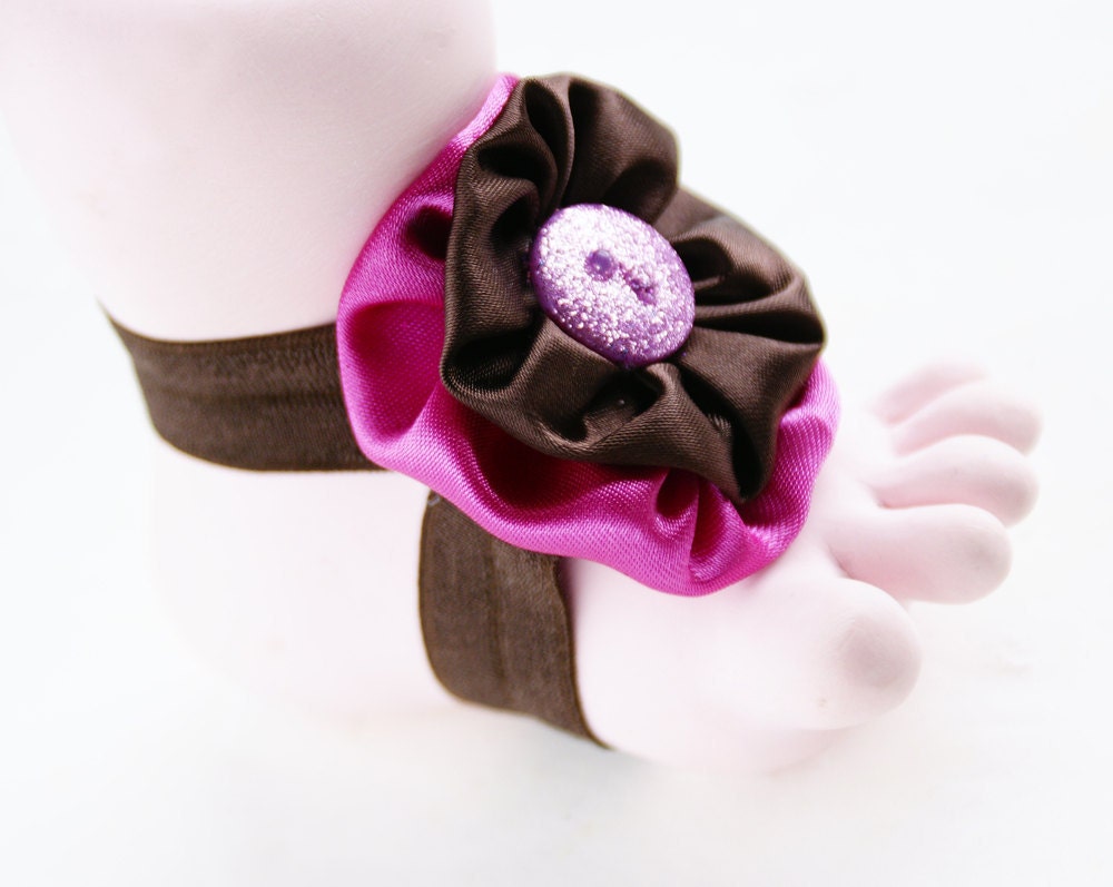 Glamour Girl Tootsies Handmade Baby Barefoot Sandals with Cute Yo-Yo and Matching Embelishments One Pair