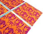 Orange Damask Coasters, Ceramic Tile Set, Neon Pink Damask, Beverage Coasters, Mod Podge
