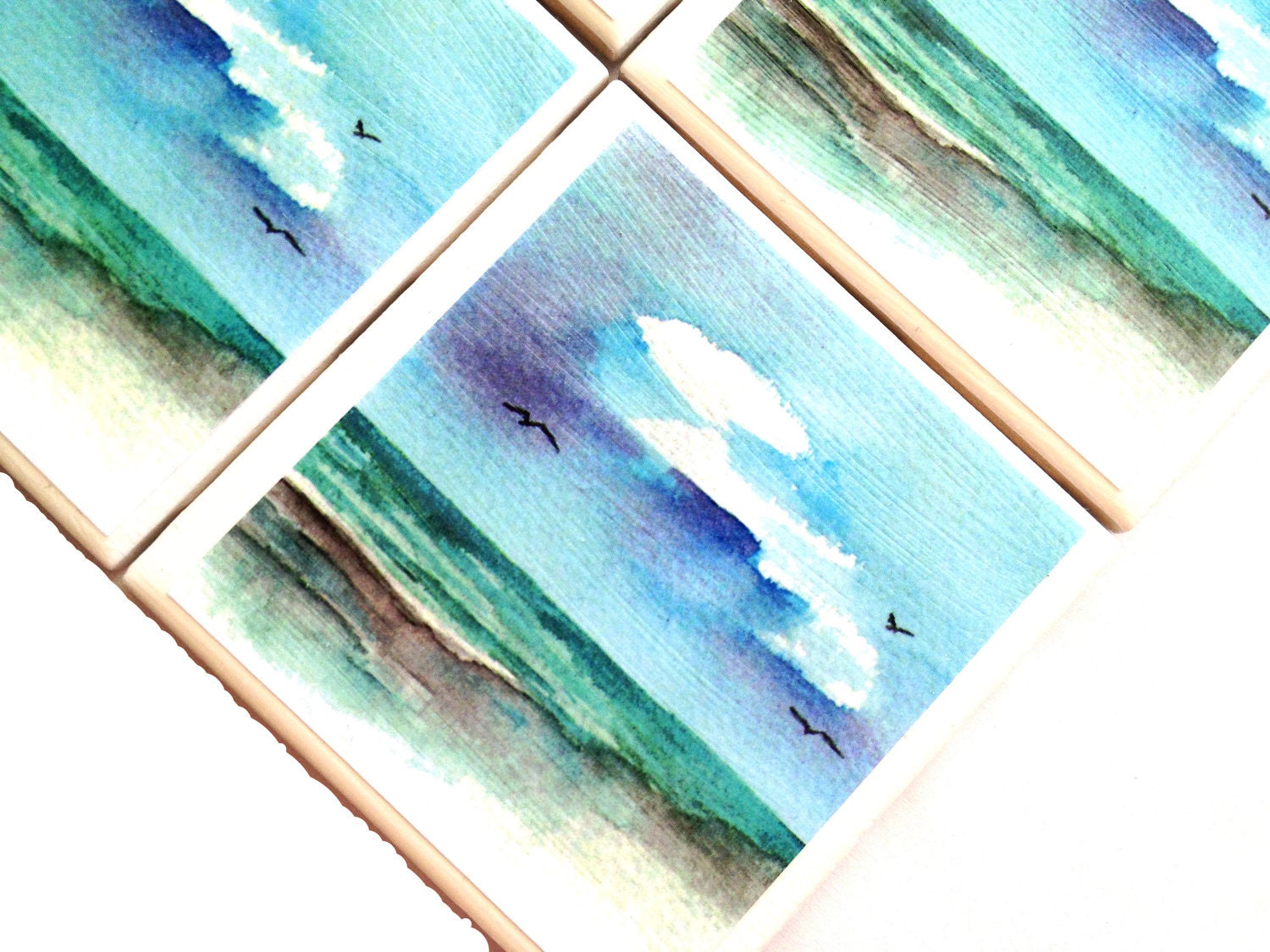 Beach Tile Coasters, Ceramic Tile Set, Seascape Watercolor, Rosie Brown, Drink Table, Blue Sky