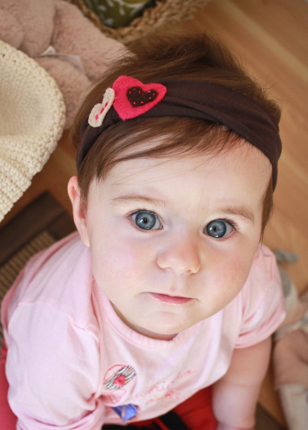 Baby headband with felt heart embellishment - Upcycled fabric -3 to 12 months - Chocolate & Fuschia combo