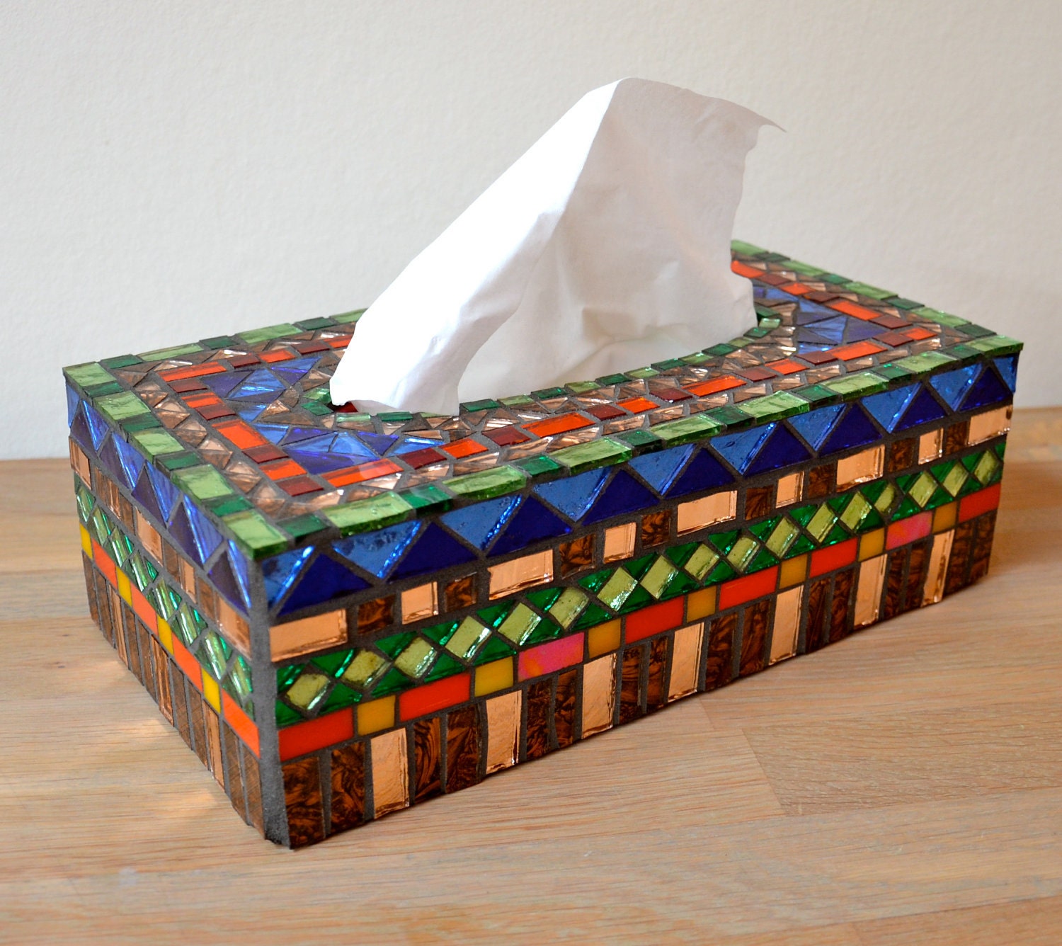 Tissue box cover glass mosaic gold red blue green by mimosaico