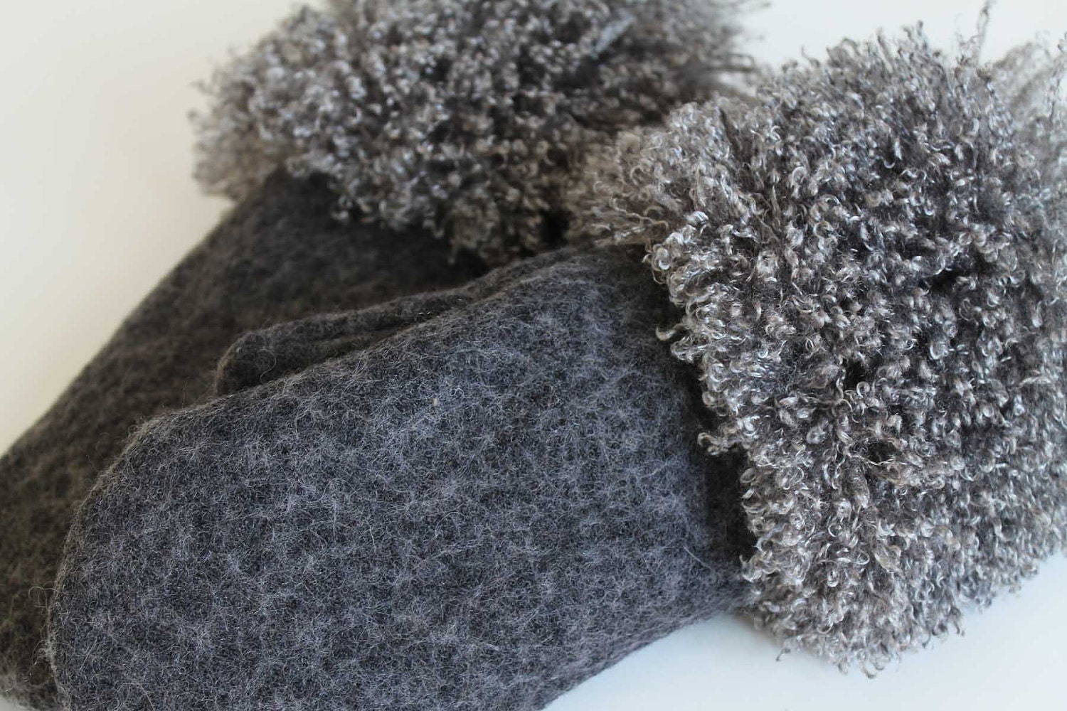 Winter Mittens Gloves Warm Grey Wool Boucle Mittens Gloves with the Gray Vegan Lama Faux Fur Vegan Accessory