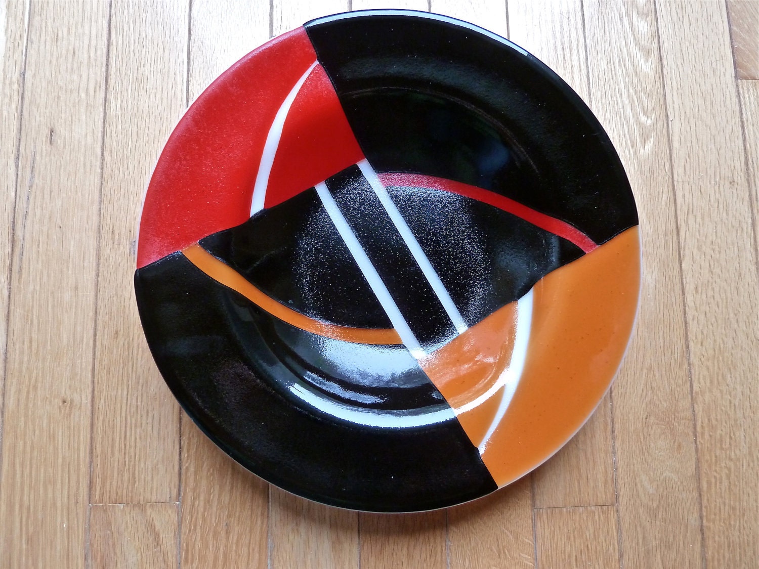 Modern Decorative Red, Pumpkin, Black Geometric Fused Glass Bowl