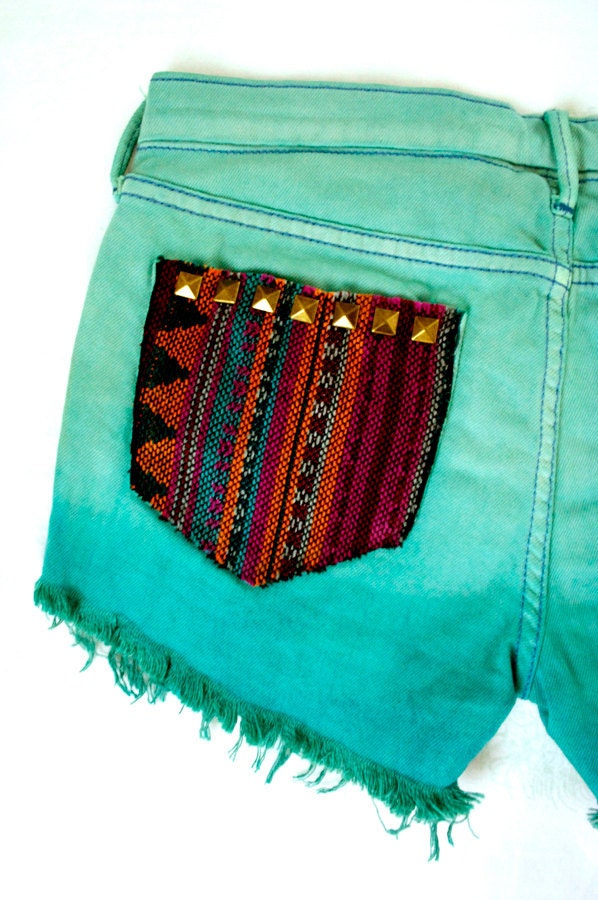 Tribal Aztec Navajo Southwestern Ethnic Print Teal Mint Ombre Dyed Studded Handmade Denim Destroyed Boho Coachella Hipster Cut Offs Shorts