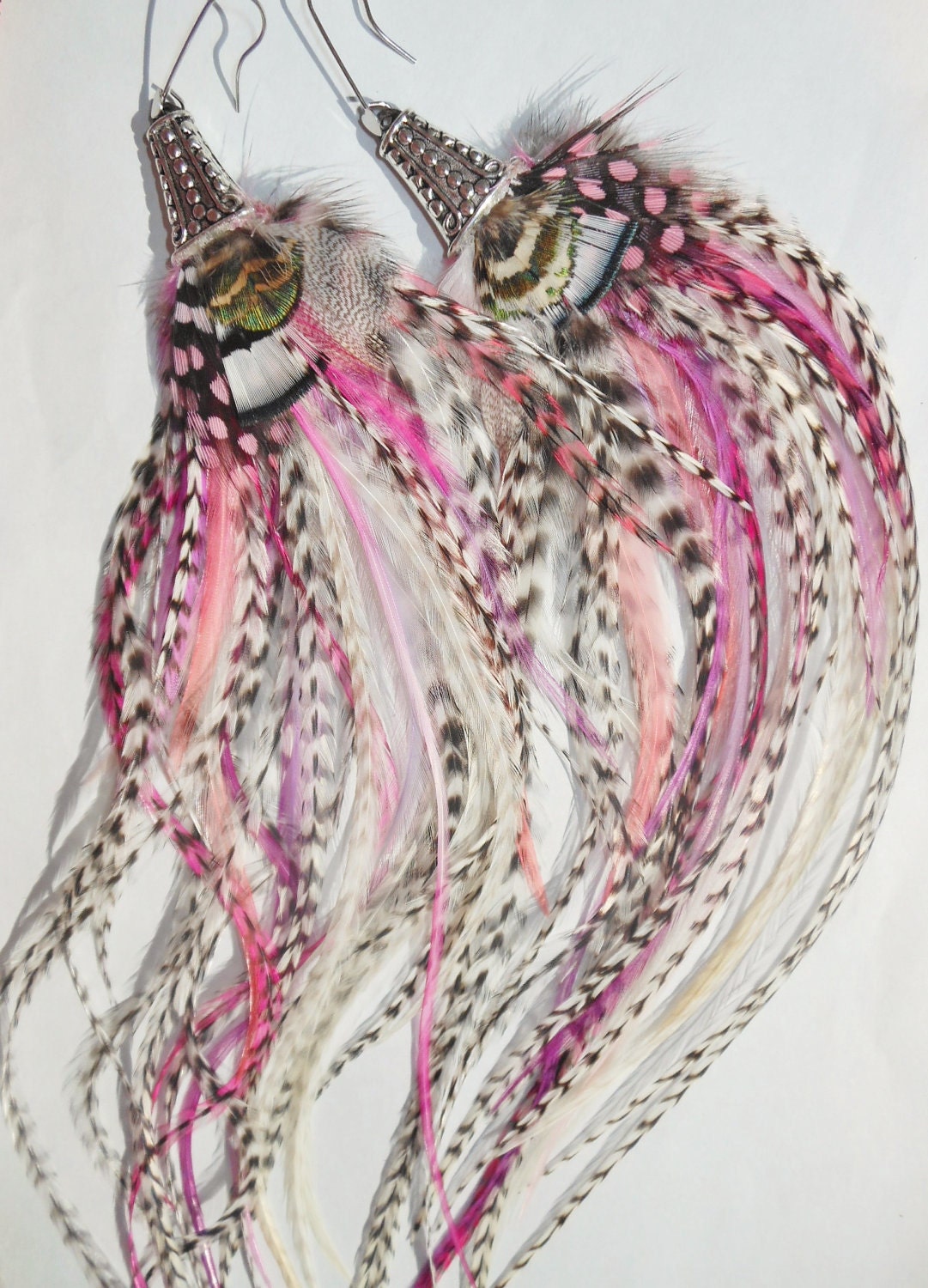 CUTE Heart Long Eurohackle Feather Earrings HOT PINK Purple Peach Fuschia White Native Jewelry Grizzly Rooster Saddle Hair Pheasant Peacock