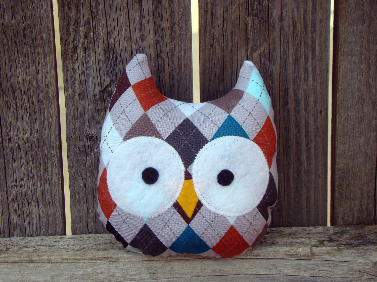 owl plush mini, stuffed owl,  Argyle in grey