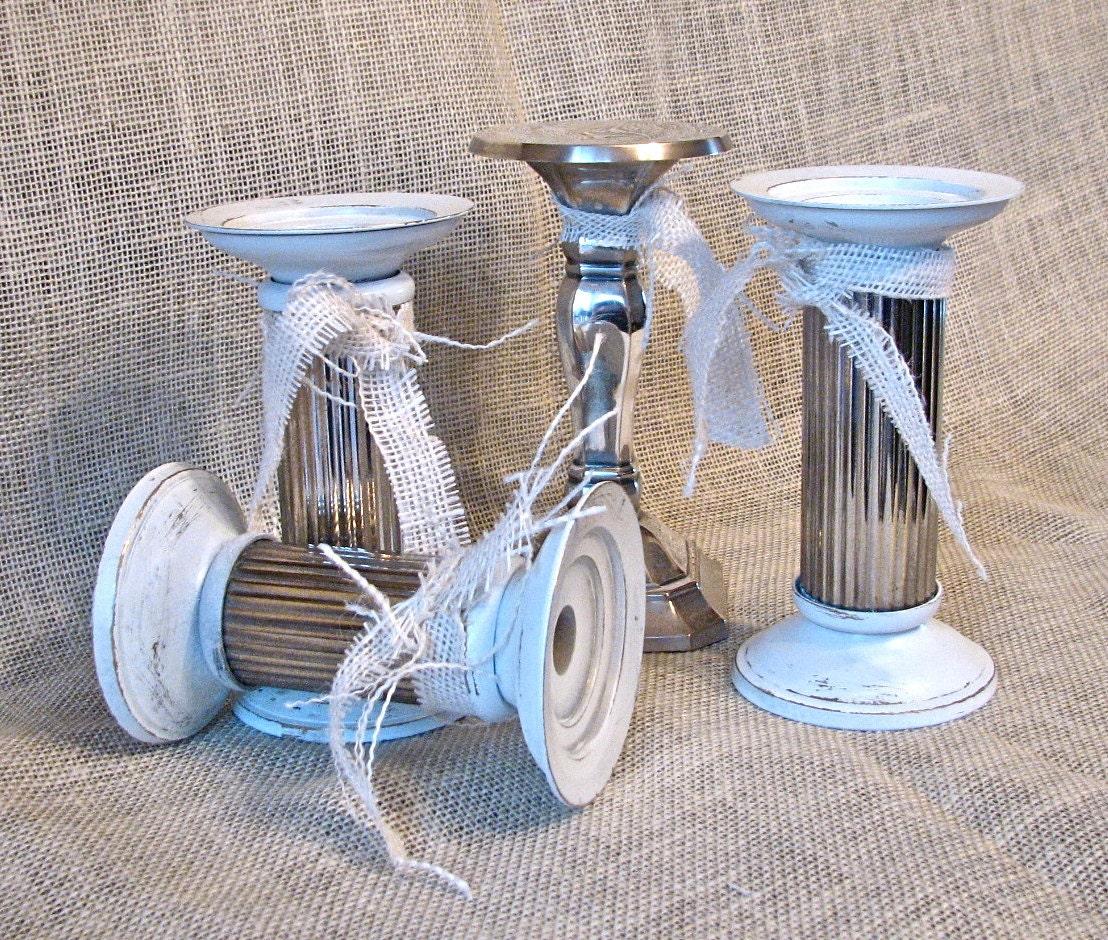 Sterling Silver White Shabby Chic Funky Candle Stick Holders Set of Four