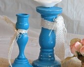 Blue Shabby Chic Distressed Wooden Candle Set Candle Stick Candle Holder