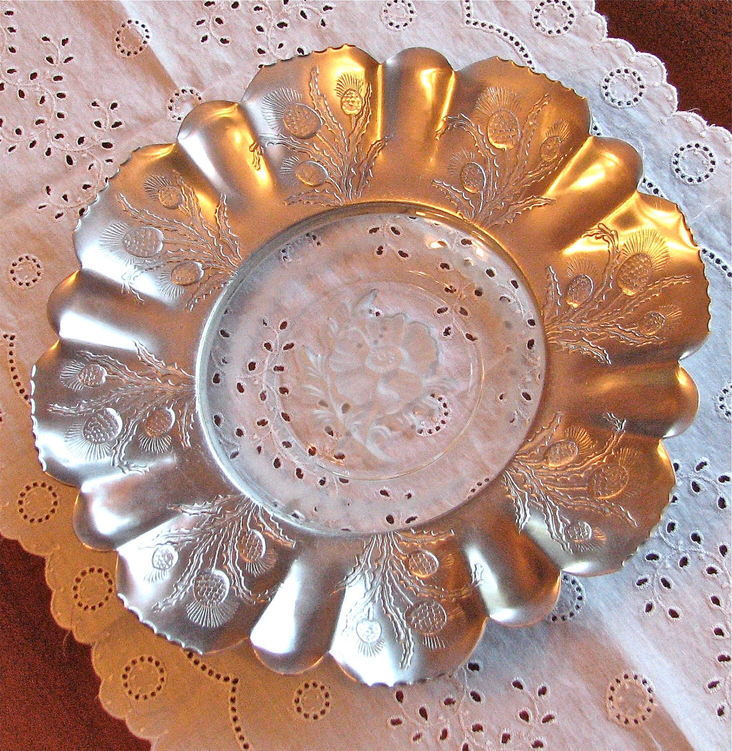 Vintage Aluminum and Etched Glass Serving Bowl Serving Tray Serving Plate