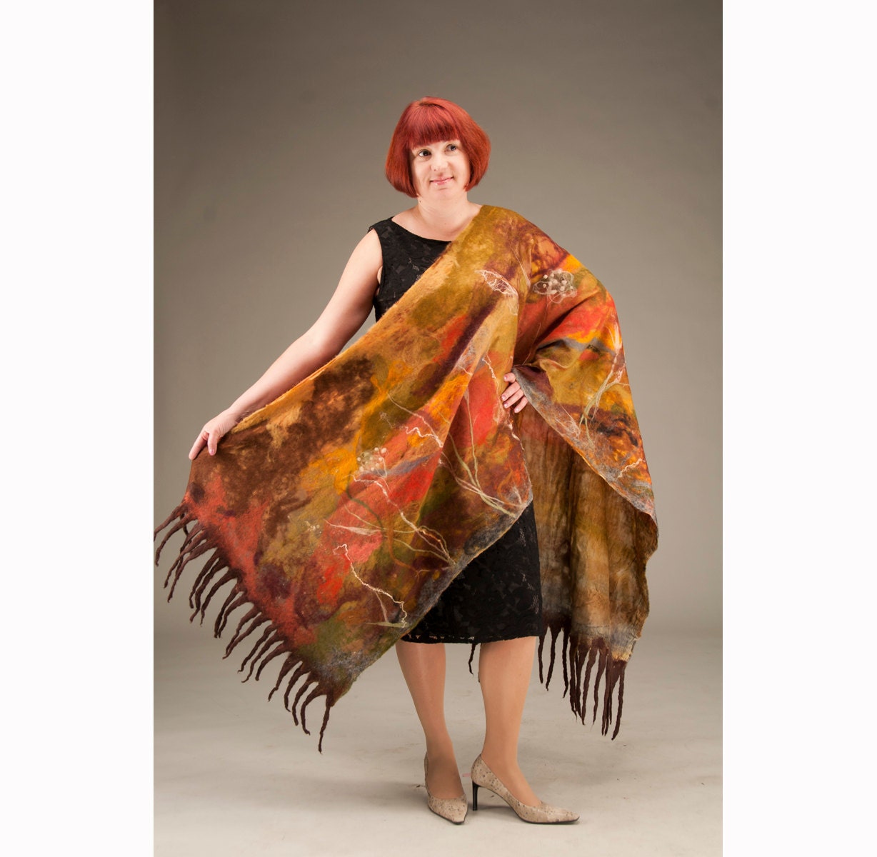 Double-sided silk shawl Wrap Multicolor Earthy Nuno Felt Long Scarves OOAK