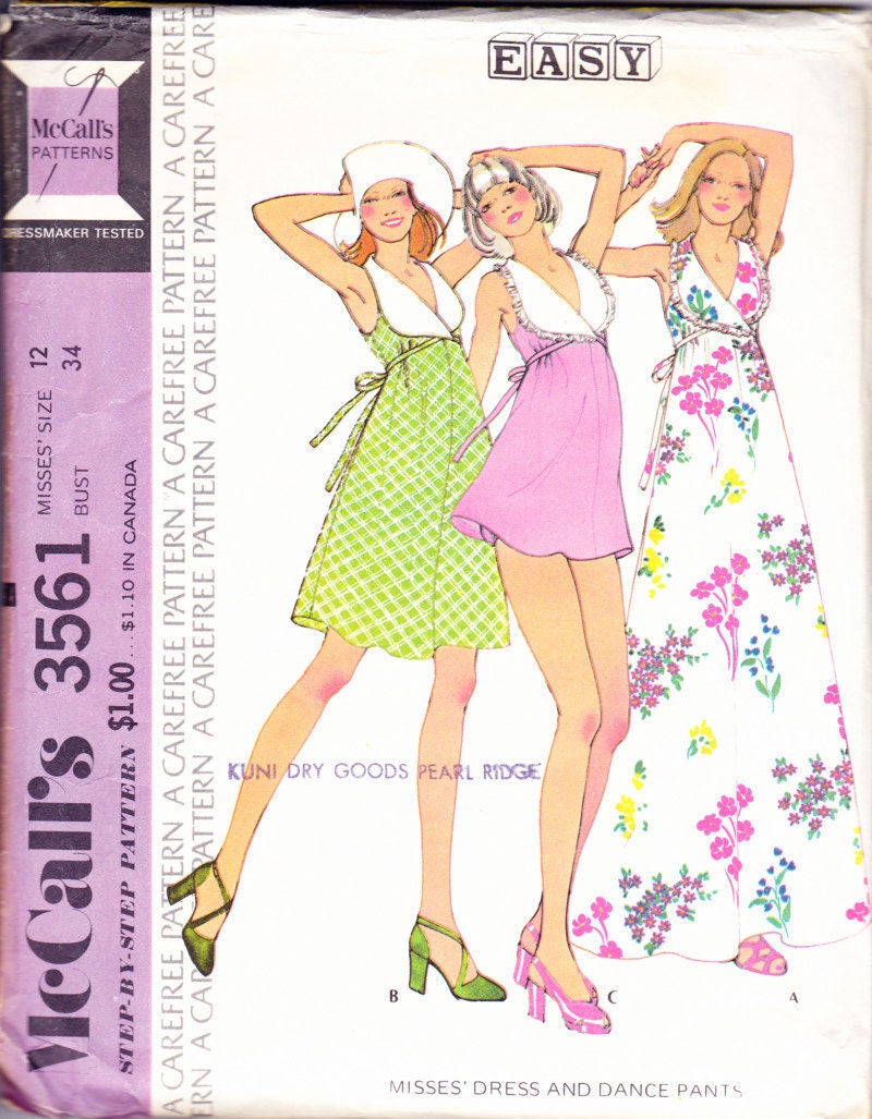 McCall's 3561 Vintage 1973 Sewing Pattern Miss Sz 12 Dress and Dance Pants