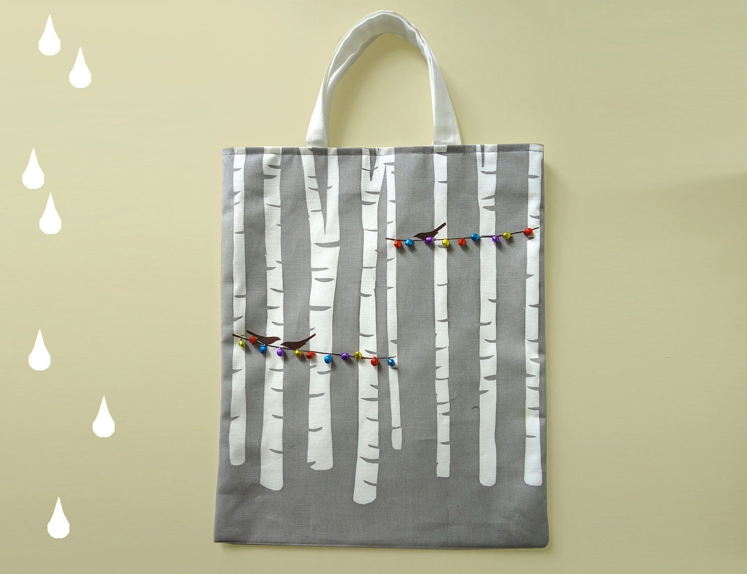 Have you ever taken a walk in a birch wood, Printed bag with colourful bells and birds