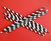 50 Black and White Striped Paper Drinking Straws with diy Flag - No Need to Print - Made in the USA