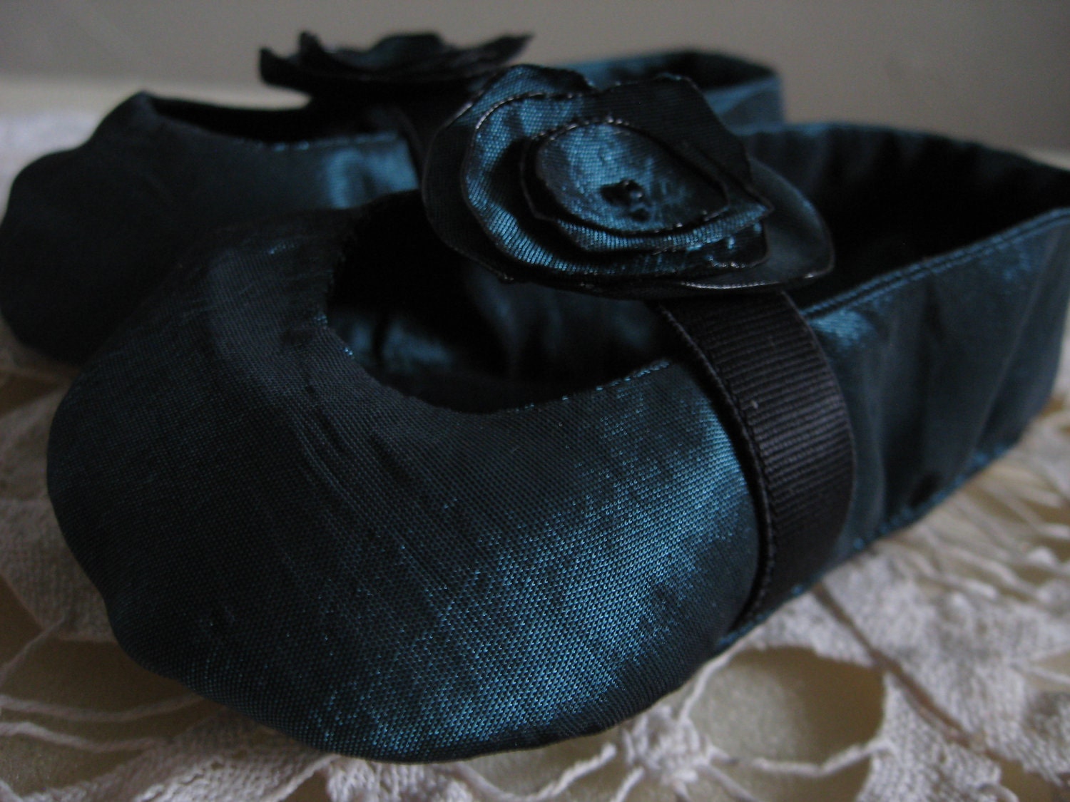 Baby Ballet Flats in Teal Taffeta, Handmade Flower Trim Slipper / Shoe for Baby Girl