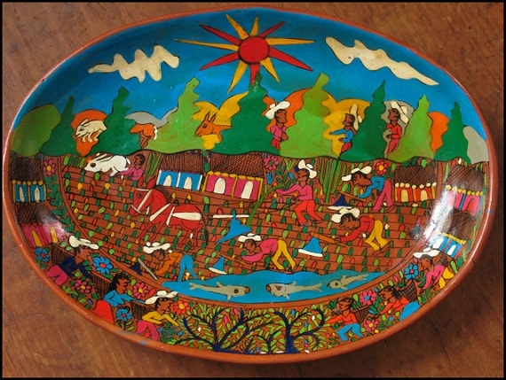 Free Shipping on this Vintage Mexican Folk Art Hand Painted Pottery Display Plate or Serving Dish