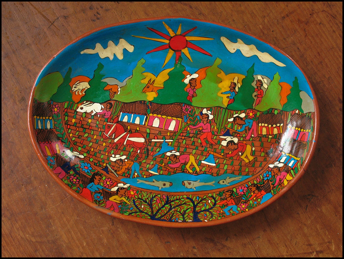 Free Shipping on this Vintage Mexican Folk Art Hand Painted Pottery Display Plate or Serving Dish