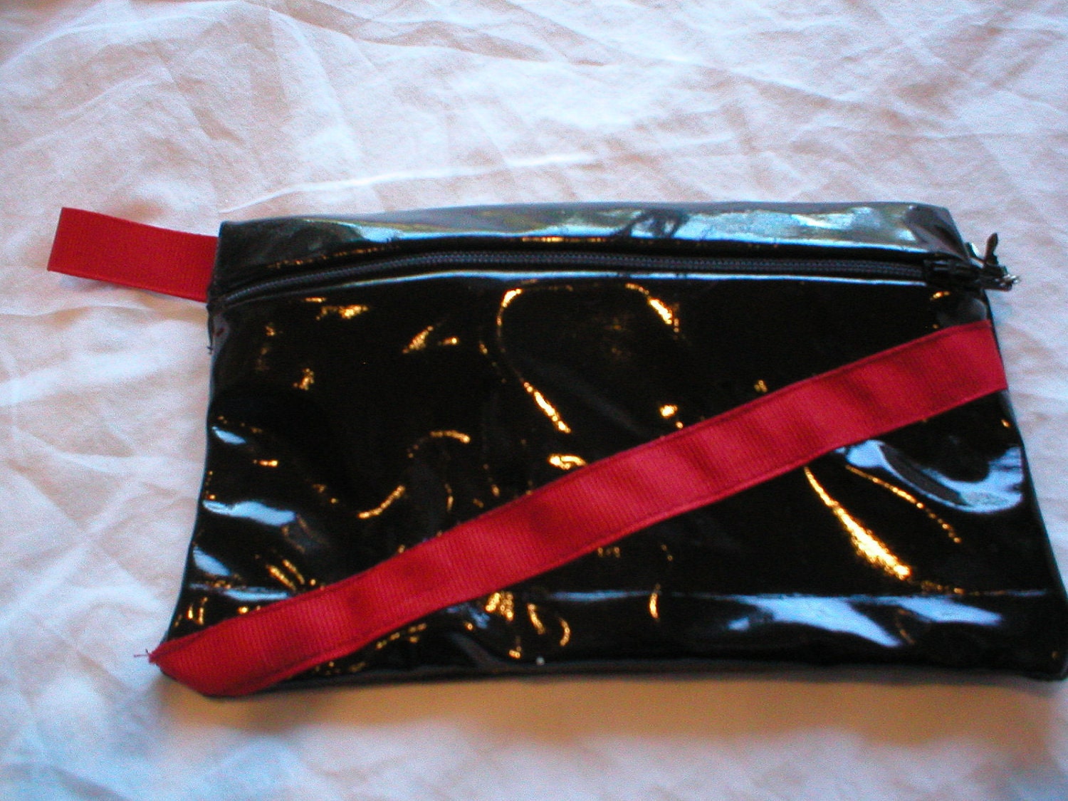 Zippered Clutch- Black Vinyl with Red Detail and Cross Charm, Free Shipping
